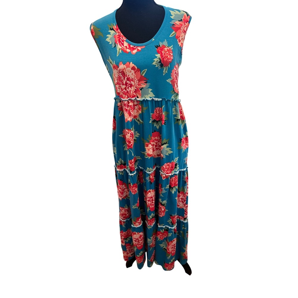 Matilda Jane Teal Blue Floral Peony Tiered Maxi Dress Sleeveless Medium M Resort